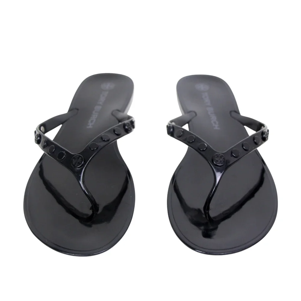 Tory Burch BLACK PVC FLAT BEACH SHOES FLIP FLOPS TONG SANDALS Sz 11